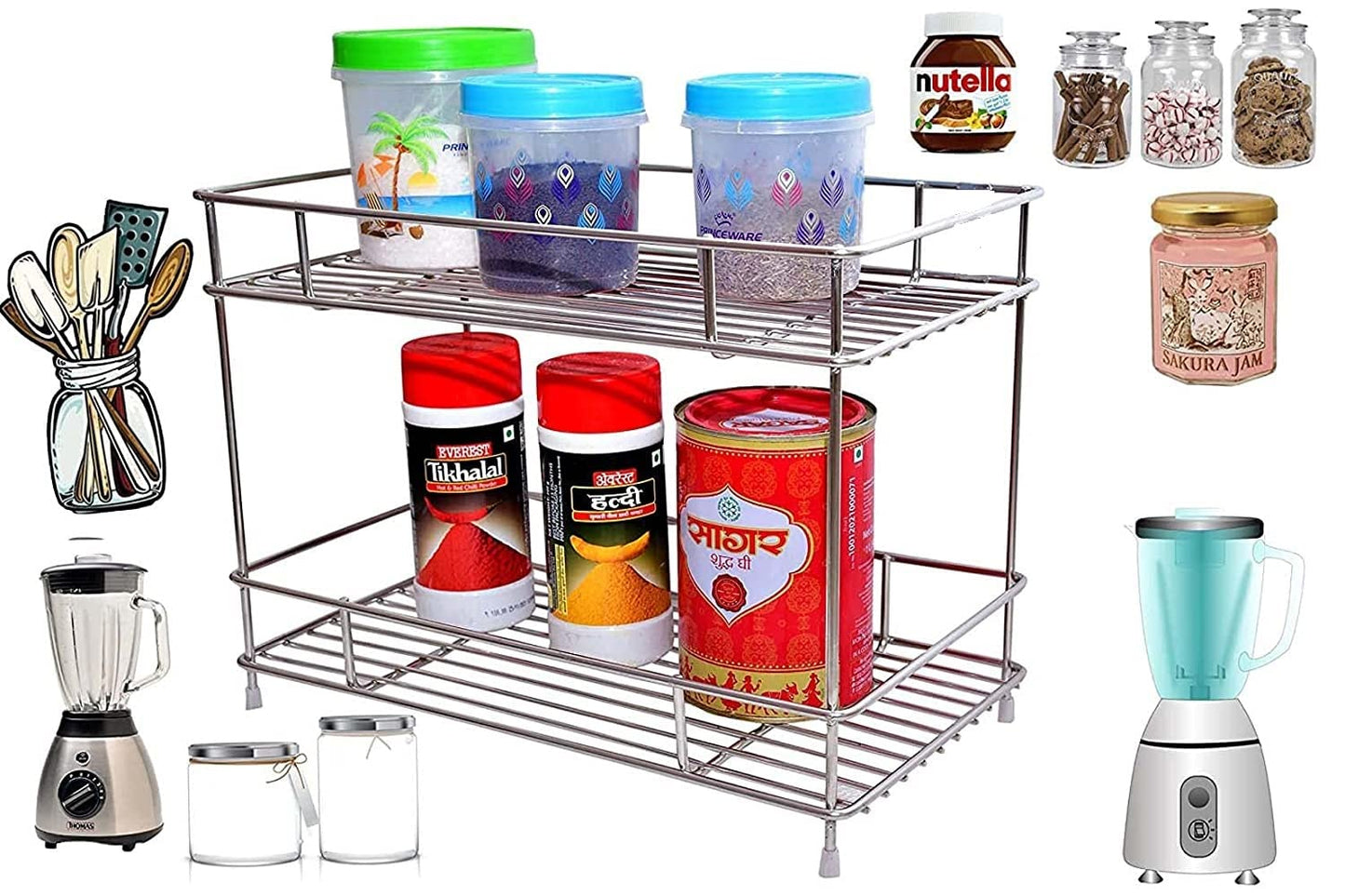 12FOR COLLECTION Stainless Steel 2 Tier Countertop Kitchen Rack|Pantry Storage Organizer | Multipurpose Storage Organizer | Kitchen Racks | Kitchen Organizer | Kitchen Accessories Rack, Tiered Shelf