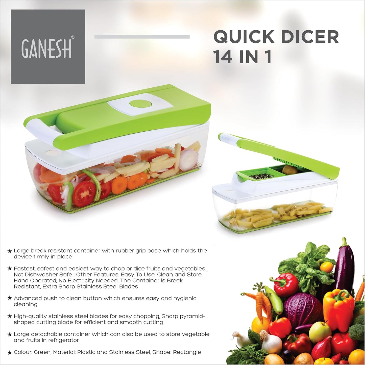 14 in 1 Multipurpose Chopper, Fruits & Vegetable Cutters, Grater Peeler Chipser, Unbreakable Food Grade Body, Easy Push to Clean Button Slicer Dicer, Chopper for Kitchen (Green, Plastic)
