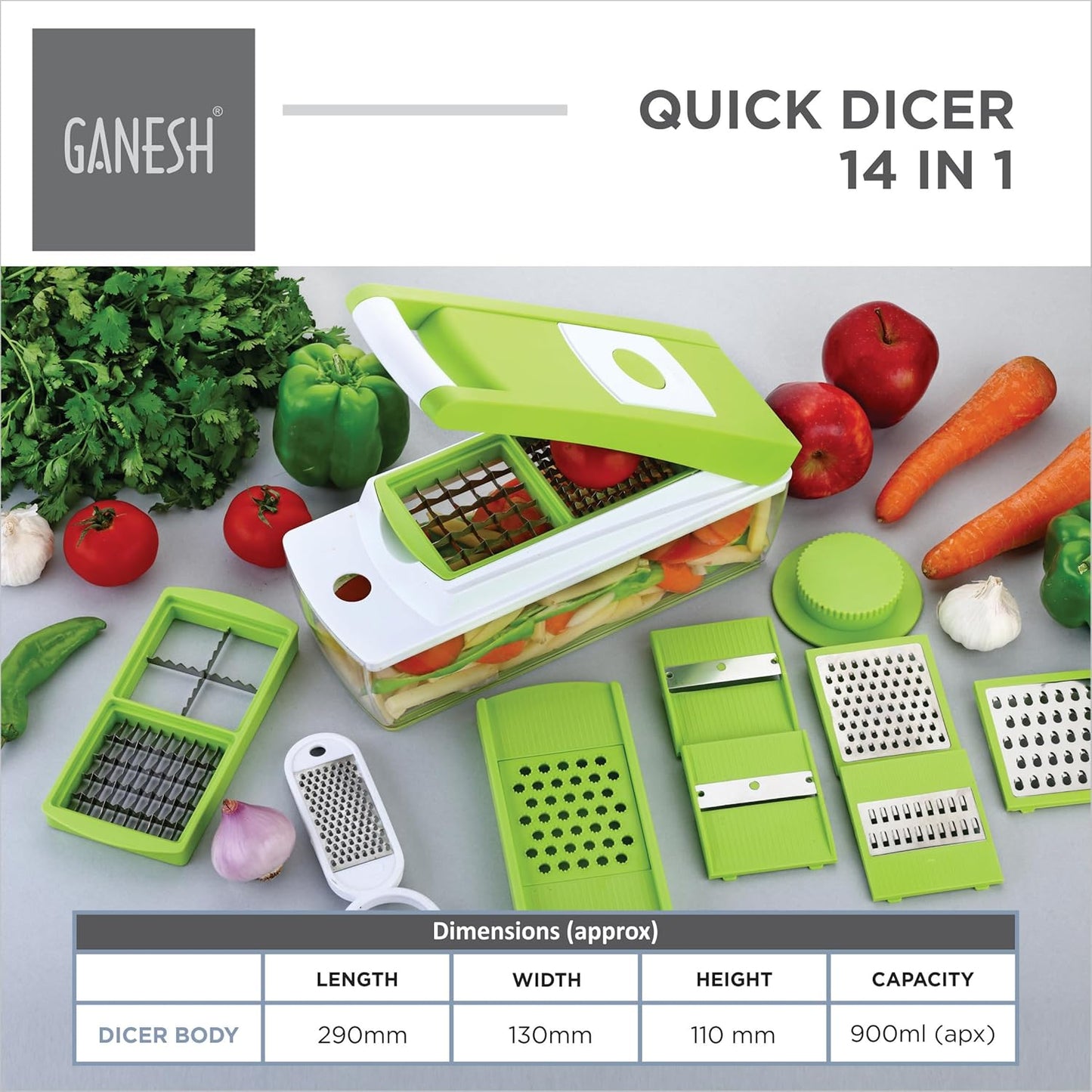 14 in 1 Multipurpose Chopper, Fruits & Vegetable Cutters, Grater Peeler Chipser, Unbreakable Food Grade Body, Easy Push to Clean Button Slicer Dicer, Chopper for Kitchen (Green, Plastic)