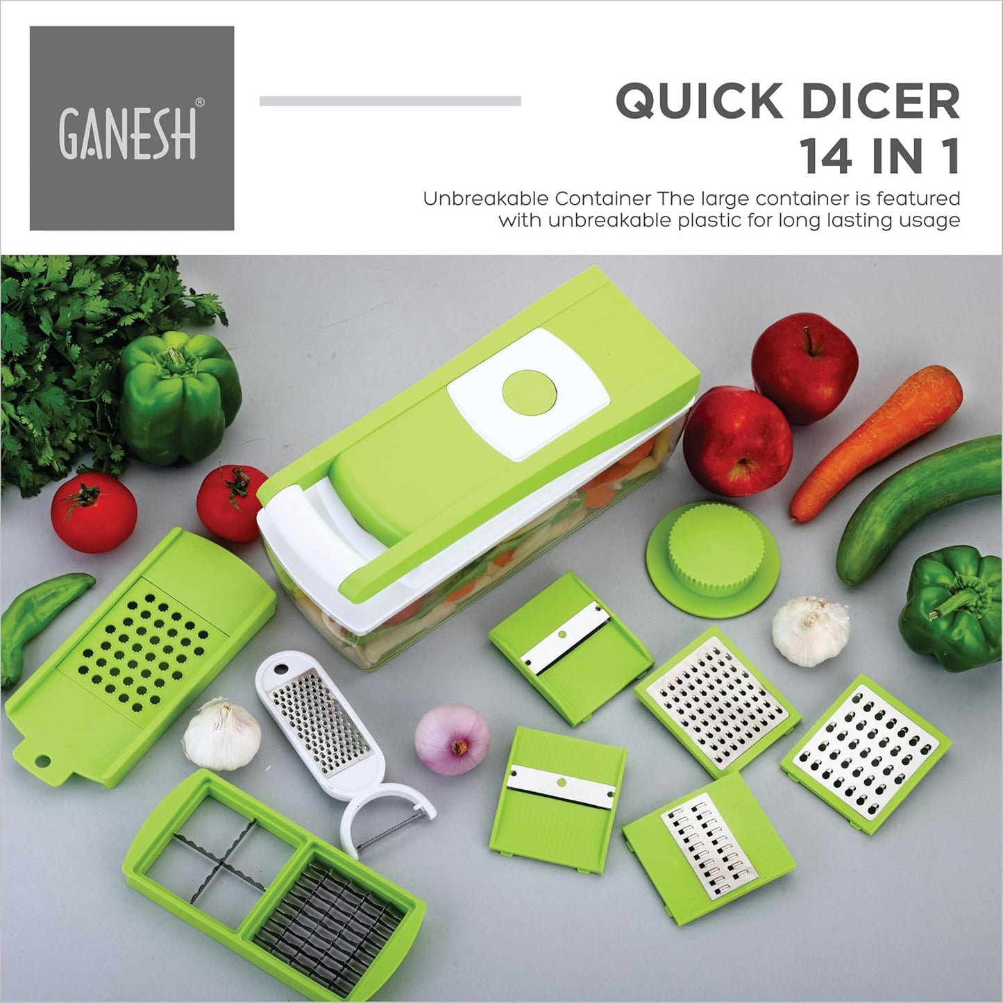 14 in 1 Multipurpose Chopper, Fruits & Vegetable Cutters, Grater Peeler Chipser, Unbreakable Food Grade Body, Easy Push to Clean Button Slicer Dicer, Chopper for Kitchen (Green, Plastic)