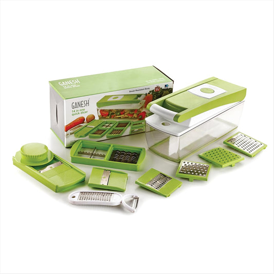 14 in 1 Multipurpose Chopper, Fruits & Vegetable Cutters, Grater Peeler Chipser, Unbreakable Food Grade Body, Easy Push to Clean Button Slicer Dicer, Chopper for Kitchen (Green, Plastic)