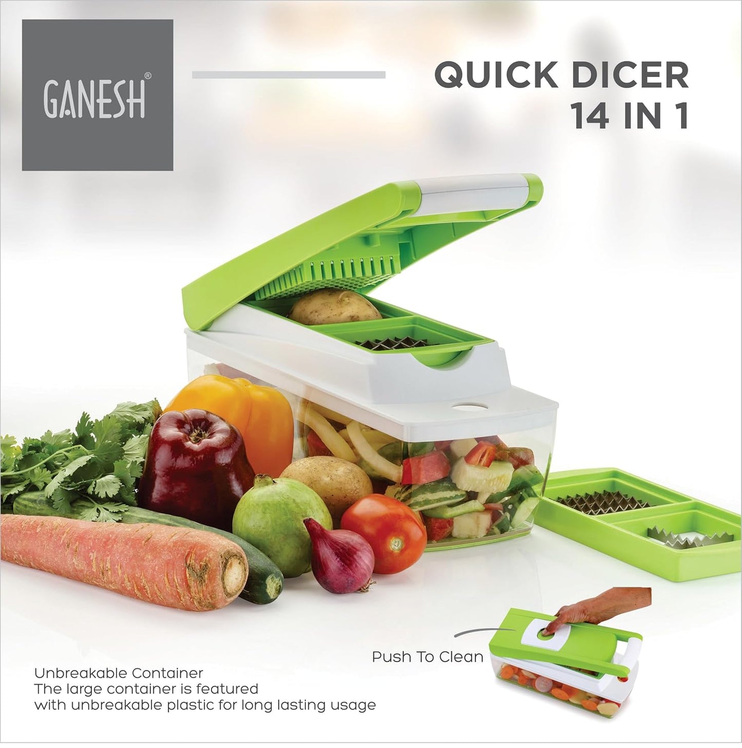14 in 1 Multipurpose Chopper, Fruits & Vegetable Cutters, Grater Peeler Chipser, Unbreakable Food Grade Body, Easy Push to Clean Button Slicer Dicer, Chopper for Kitchen (Green, Plastic)