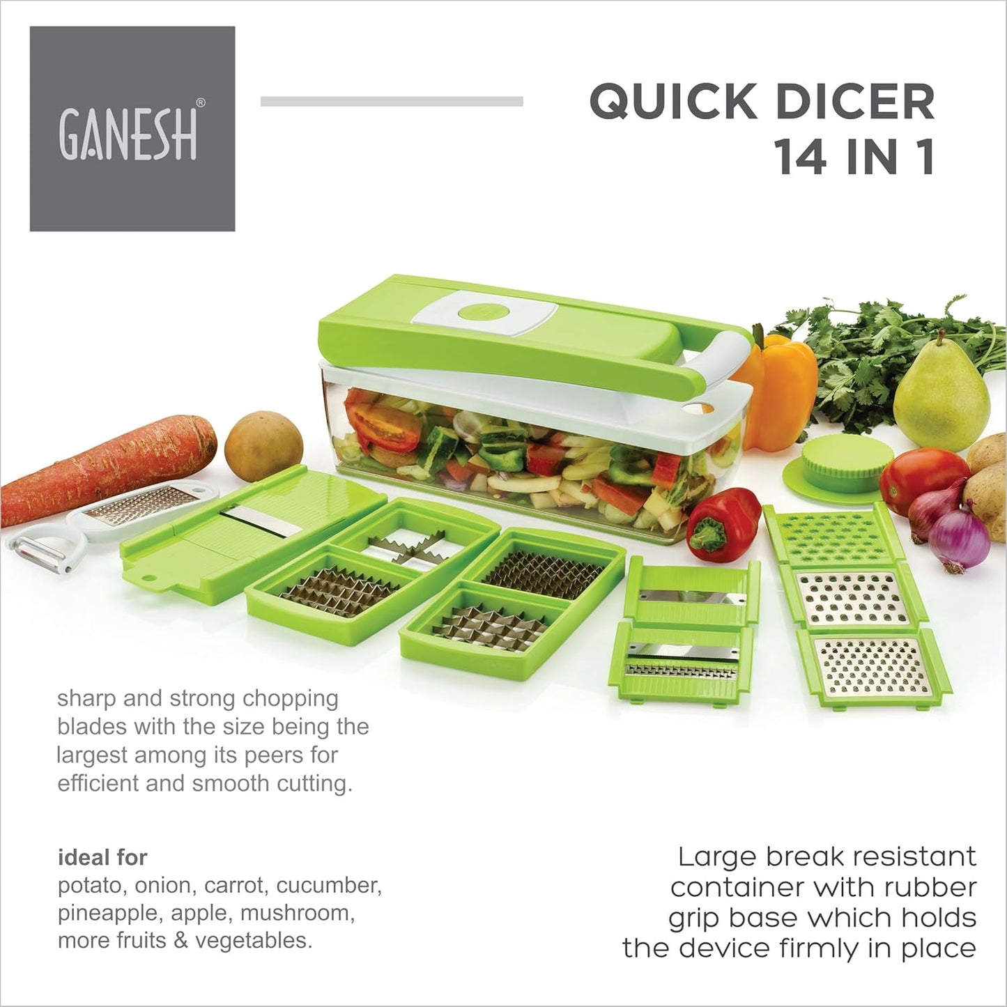 14 in 1 Multipurpose Chopper, Fruits & Vegetable Cutters, Grater Peeler Chipser, Unbreakable Food Grade Body, Easy Push to Clean Button Slicer Dicer, Chopper for Kitchen (Green, Plastic)