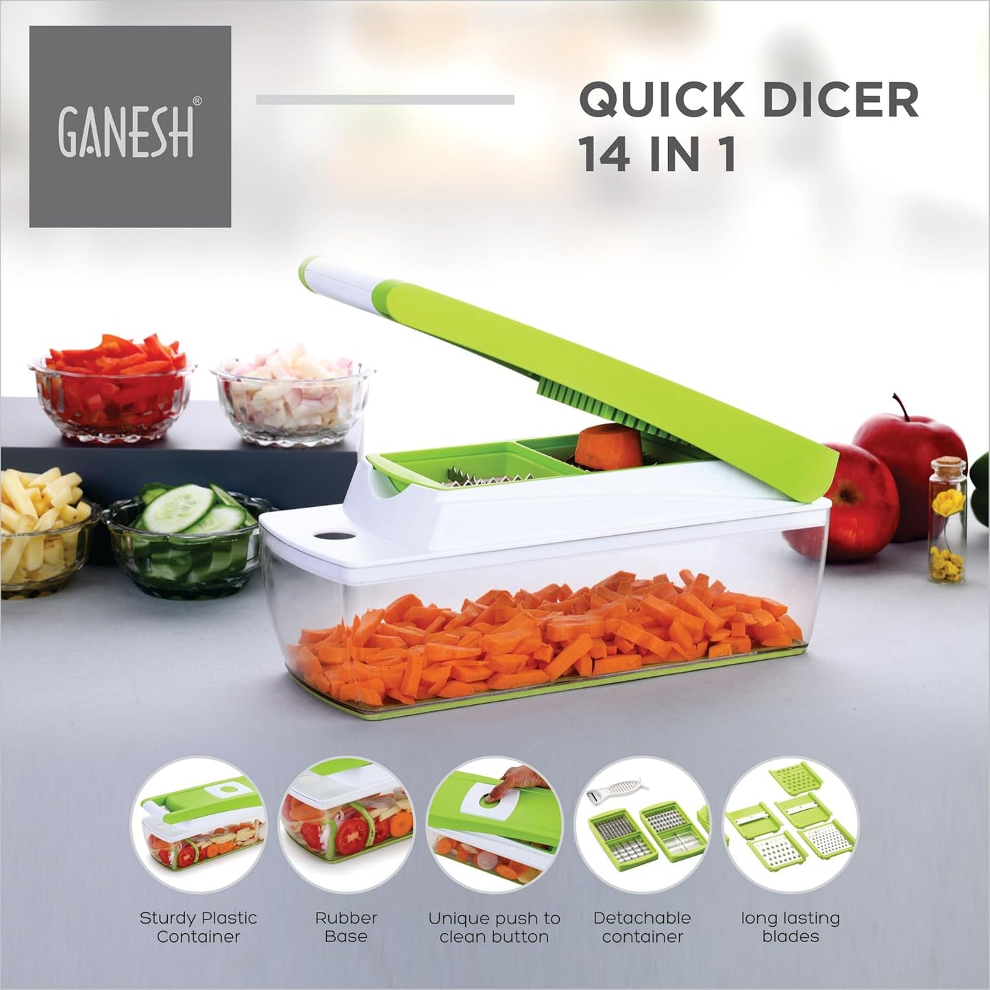 14 in 1 Multipurpose Chopper, Fruits & Vegetable Cutters, Grater Peeler Chipser, Unbreakable Food Grade Body, Easy Push to Clean Button Slicer Dicer, Chopper for Kitchen (Green, Plastic)